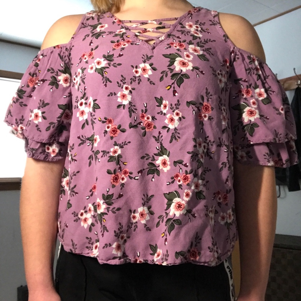 Pink Flower Cold-Shoulder Top by So